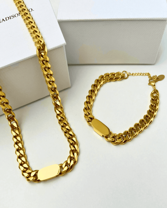 Best Trending Trendy Gold Chain Necklace Bracelet Bundle Set Jewelry Gift on Sale for Women, Lady, Mother, Wife 18K Yellow Gold