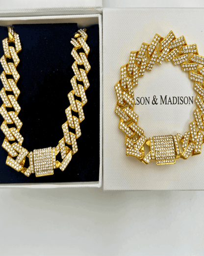 Best Trending Trendy Gold Diamond Chain Necklace Bracelet Bundle Set Jewelry Gift on Sale for Women, Lady, Mother, Wife 18K Yellow Gold