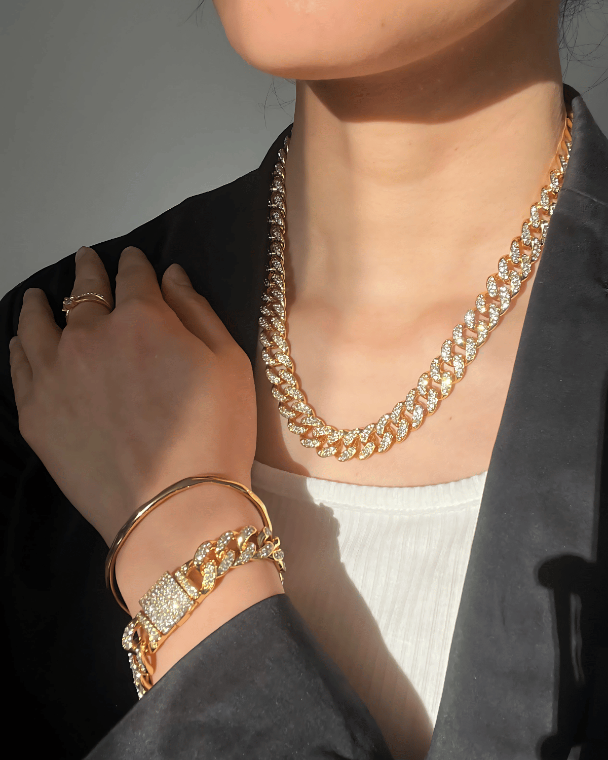 Best Trending Trendy Gold Diamond Chain Necklace Bracelet Bundle Set Jewelry Gift on Sale for Women, Lady, Mother, Wife