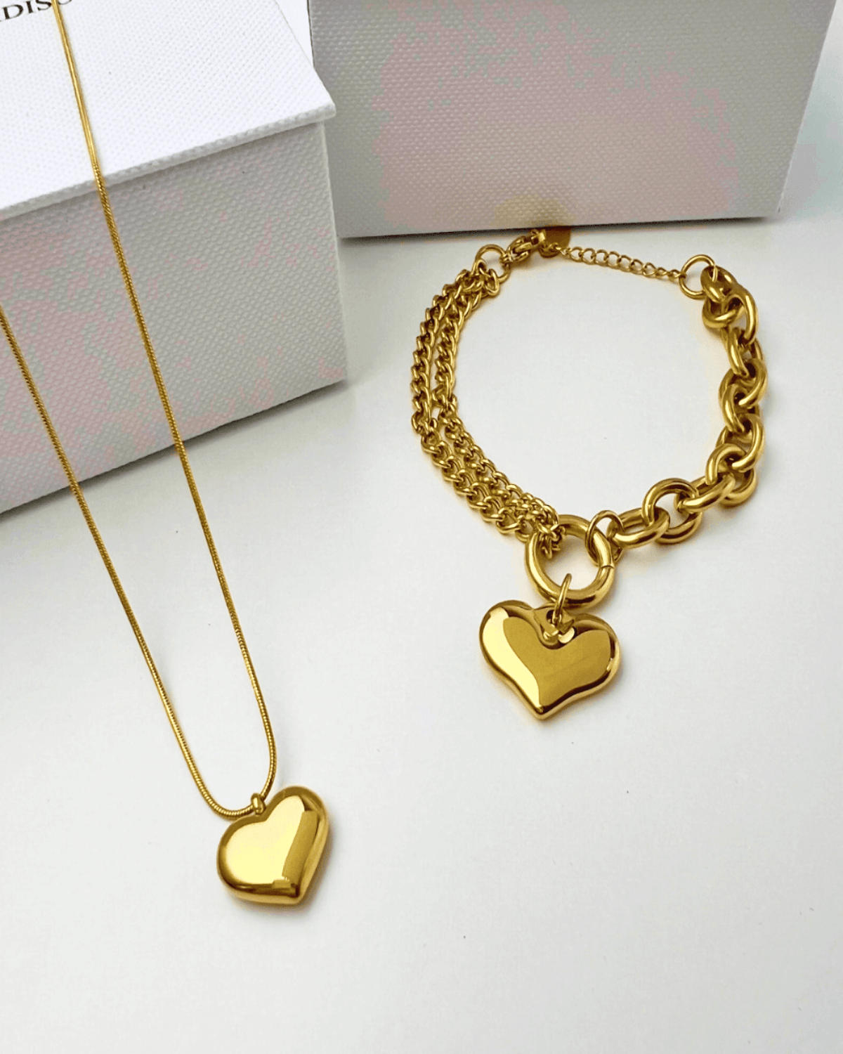 Gold Heart Necklace Bracelet Jewelry Bundle Set