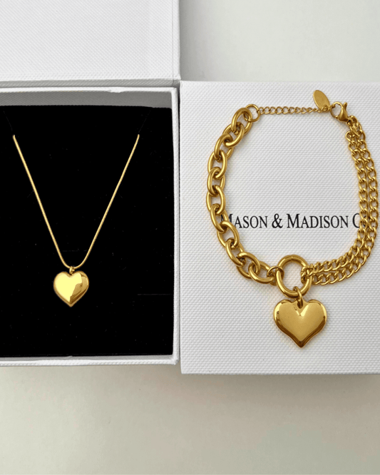 Best Trending Trendy Gold Heart Necklace Bracelet Jewelry Bundle Set Jewelry Gift on Sale for Women, Lady, Mother, Wife 18K Yellow Gold