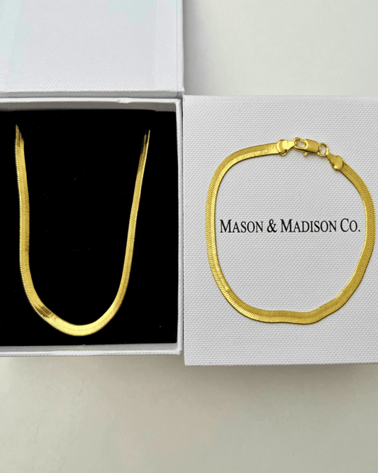 Best Trending Trendy Gold Herringbone Chain Necklace Bracelet Bundle Set Jewelry Gift on Sale for Women, Lady, Mother, Wife 18K Yellow Gold