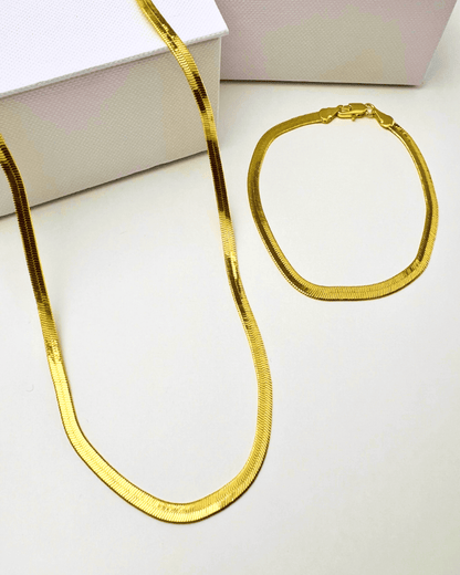 Best Trending Trendy Gold Herringbone Chain Necklace Bracelet Bundle Set Jewelry Gift on Sale for Women, Lady, Mother, Wife