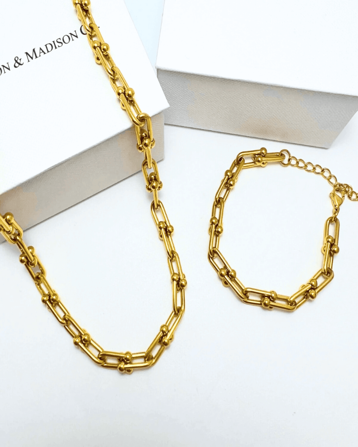 Best Trending Trendy Gold Link Chain Necklace Bracelet Bundle Set Jewelry Gift on Sale for Women, Lady, Mother, Wife