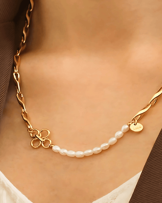 Best Trending Trendy Pearl Chain Necklace Jewelry Gift on Sale for Women, Lady, Mother, Wife 18K Yellow Gold