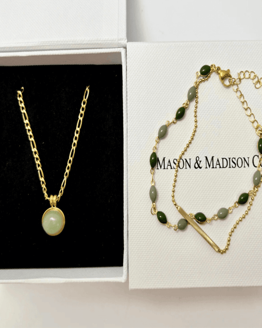 Best Trending Trendy Jade Necklace Bracelet Bundle Set Jewelry Gift on Sale for Women, Lady, Mother, Wife 18K Yellow Gold