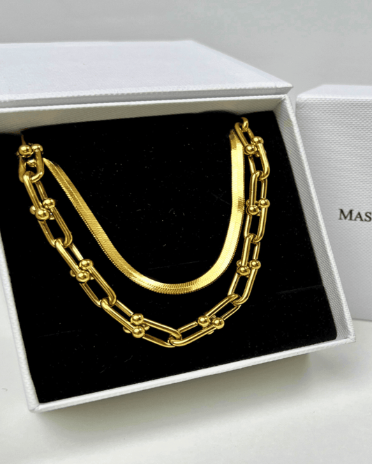 Best Trending Trendy Gold Herringbone Chain + Link Chain Necklace Stack Bundle Jewelry Gift on Sale for Women, Lady, Mother, Wife 18K Yellow Gold