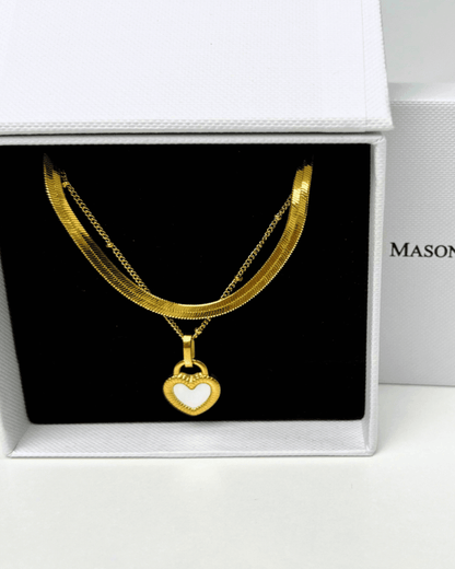 Best Trending Trendy Gold Herringbone Chain + Heart Pearl Pendant Necklace Stack Bundle Jewelry Gift on Sale for Women, Lady, Mother, Wife