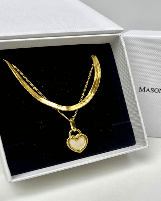 Best Trending Trendy Gold Herringbone Chain + Heart Pearl Pendant Necklace Stack Bundle Jewelry Gift on Sale for Women, Lady, Mother, Wife 18K Yellow Gold