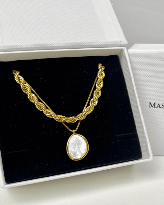 Best Trending Trendy Gold Rope Chain + Oval Pearl Pendant Necklace Stack Bundle Jewelry Gift on Sale for Women, Lady, Mother, Wife 18K Yellow Gold
