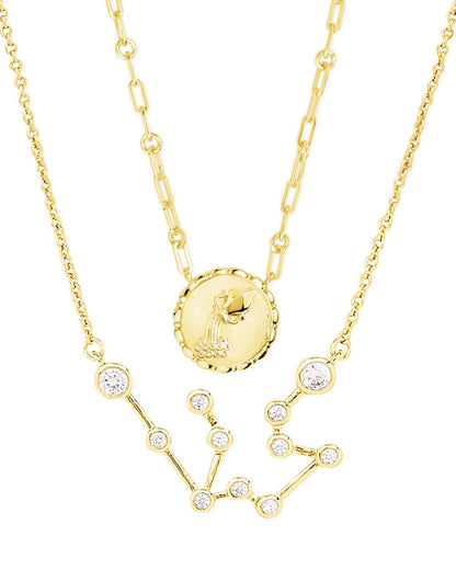 'When Stars Align' Constellation Necklace & Bold Link Zodiac Necklace Set Gold