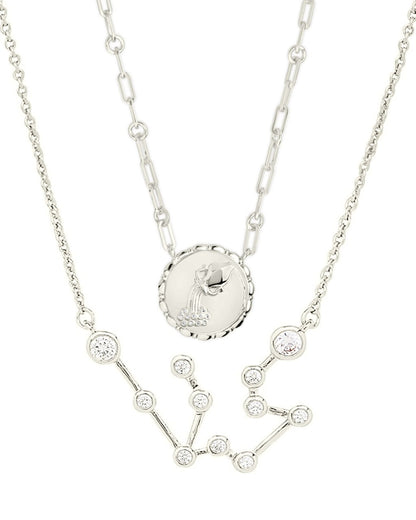 'When Stars Align' Constellation Necklace & Bold Link Zodiac Necklace Set Silver