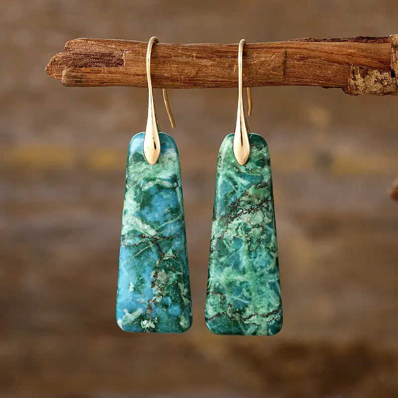 Copper Natural Stone Earrings Green Gold One Size