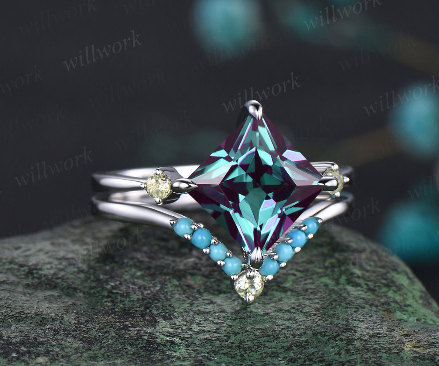 Princess Cut Alexandrite Engagement Ring Set Natural Peridot Turquoise Curved V Shaped Wedding Band June Birthstone Three Stone 2pcs Bridal Ring Set