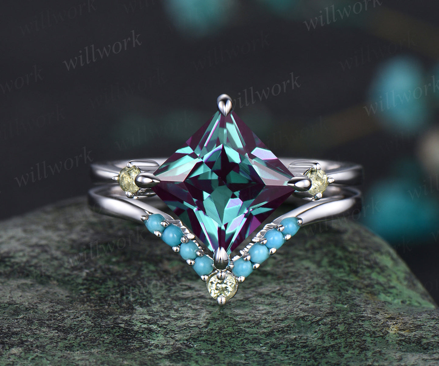 Princess Cut Alexandrite Engagement Ring Set Natural Peridot Turquoise Curved V Shaped Wedding Band June Birthstone Three Stone 2pcs Bridal Ring Set 2pcs ring set