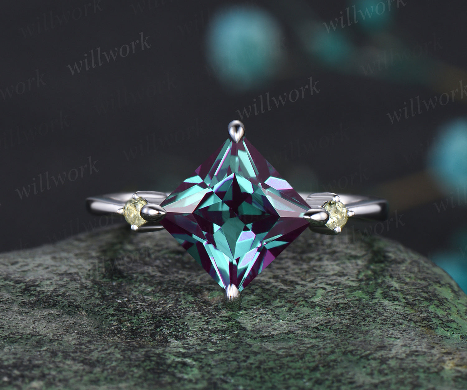 Princess Cut Alexandrite Engagement Ring Set Natural Peridot Turquoise Curved V Shaped Wedding Band June Birthstone Three Stone 2pcs Bridal Ring Set 1pc engagement ring