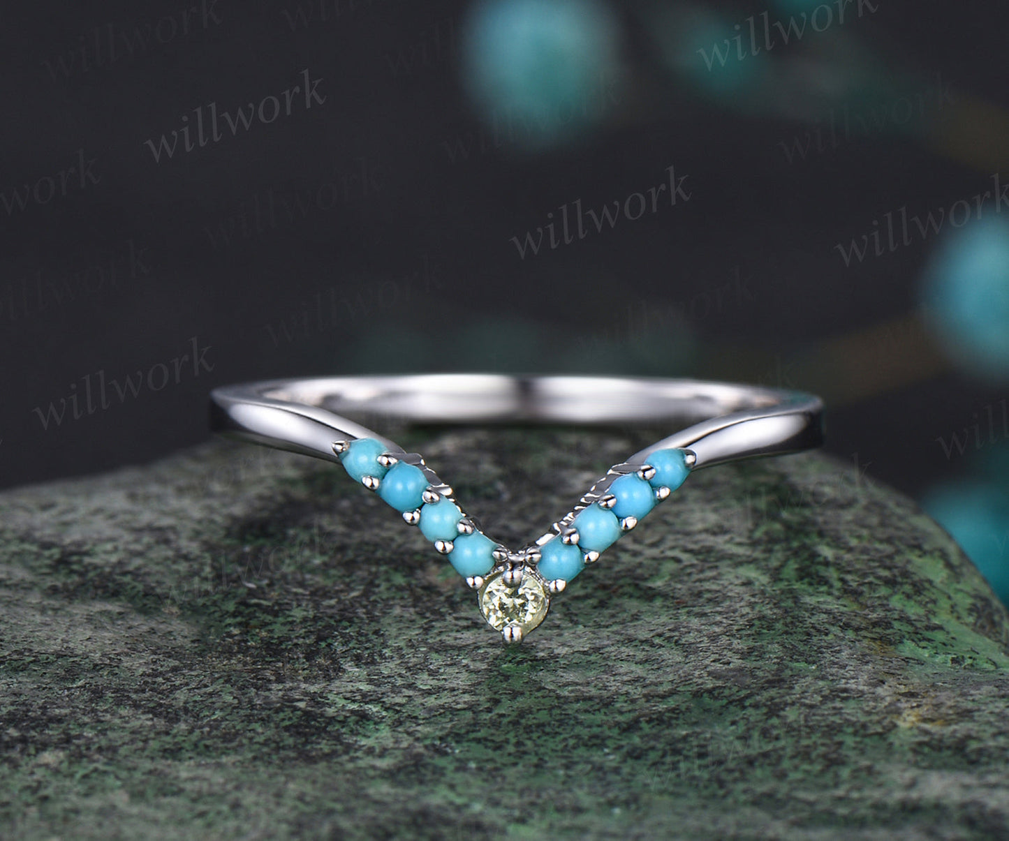 Princess Cut Alexandrite Engagement Ring Set Natural Peridot Turquoise Curved V Shaped Wedding Band June Birthstone Three Stone 2pcs Bridal Ring Set wedding band only