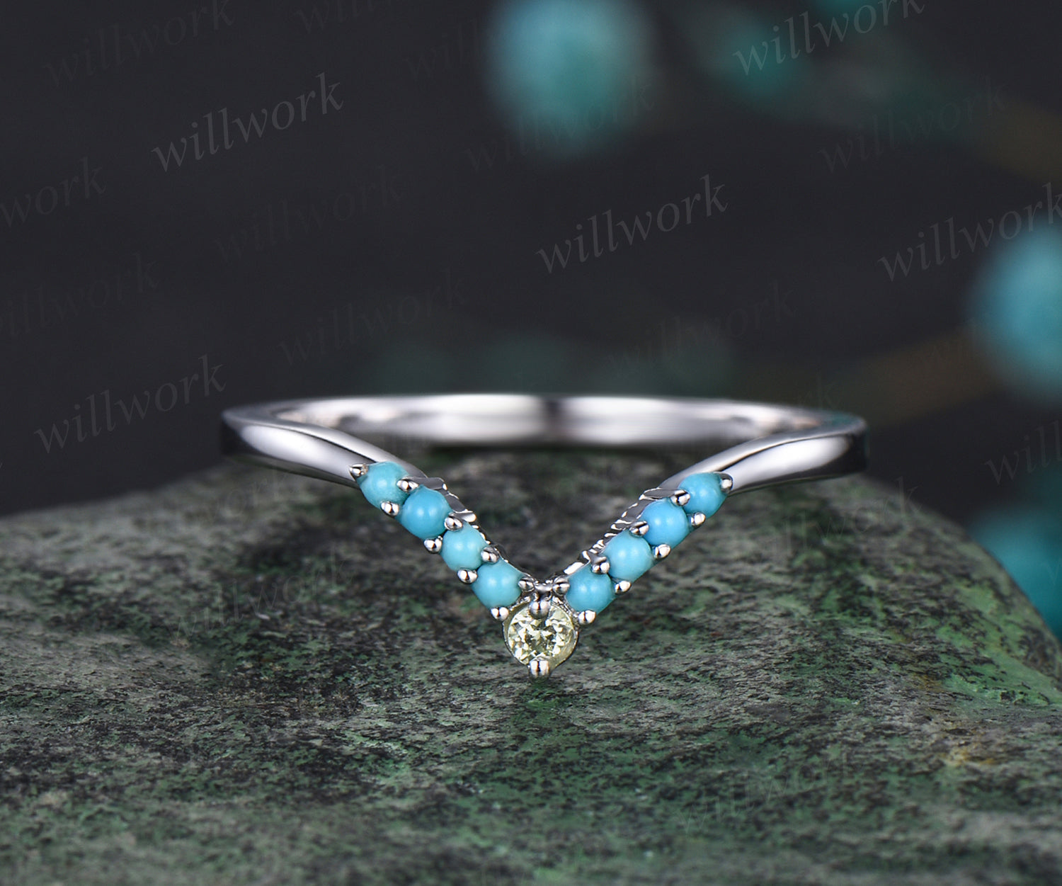 Princess Cut Alexandrite Engagement Ring Set Natural Peridot Turquoise Curved V Shaped Wedding Band June Birthstone Three Stone 2pcs Bridal Ring Set wedding band only