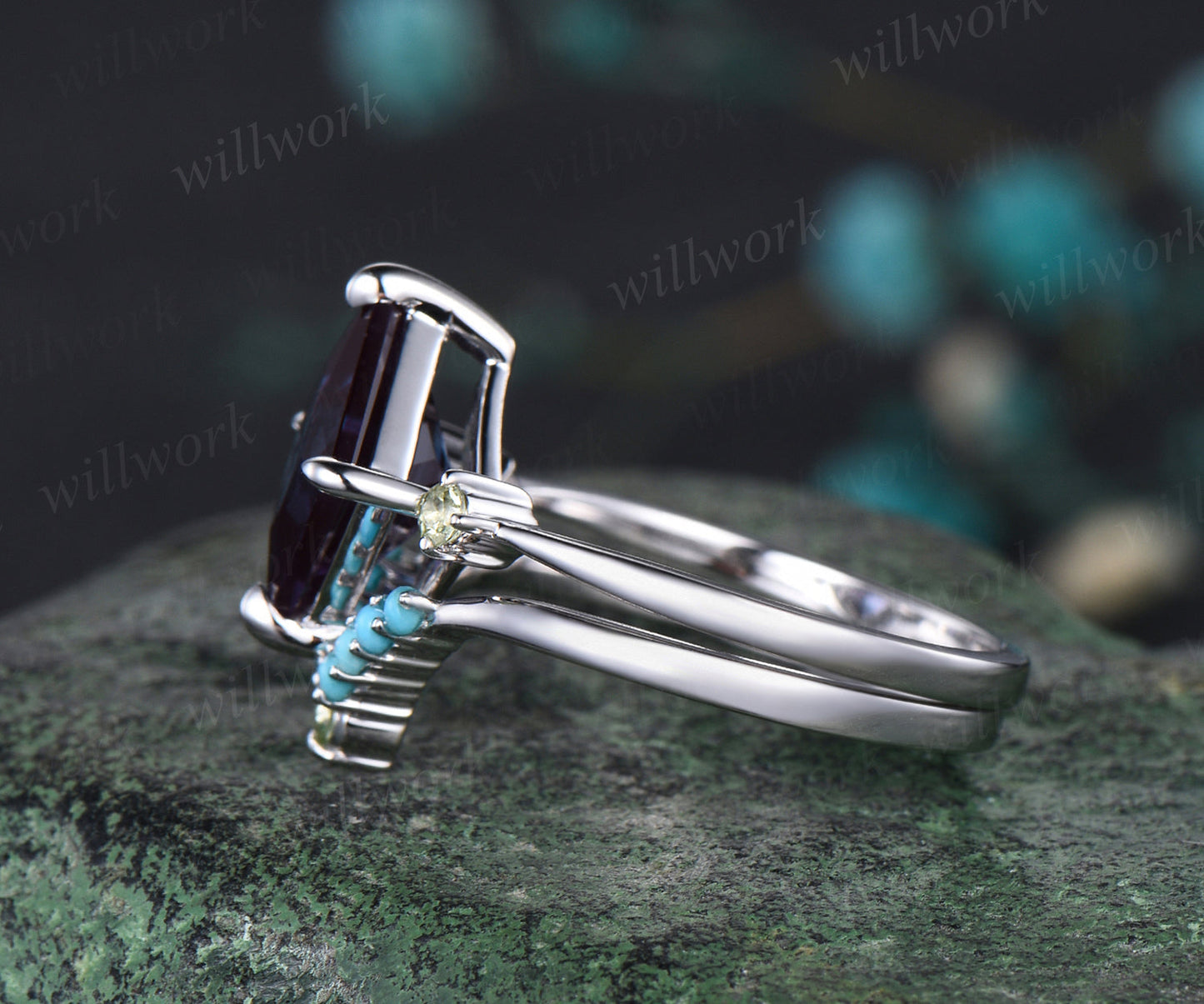 Princess Cut Alexandrite Engagement Ring Set Natural Peridot Turquoise Curved V Shaped Wedding Band June Birthstone Three Stone 2pcs Bridal Ring Set