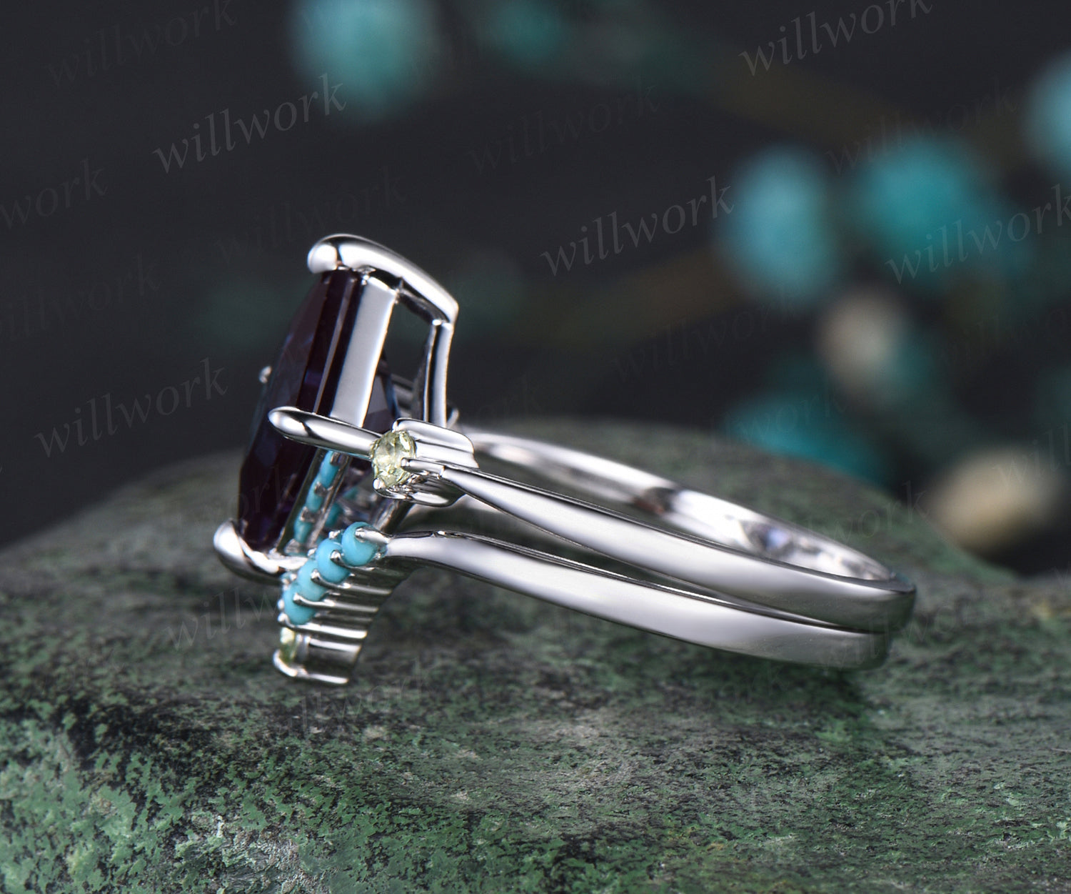 Princess Cut Alexandrite Engagement Ring Set Natural Peridot Turquoise Curved V Shaped Wedding Band June Birthstone Three Stone 2pcs Bridal Ring Set