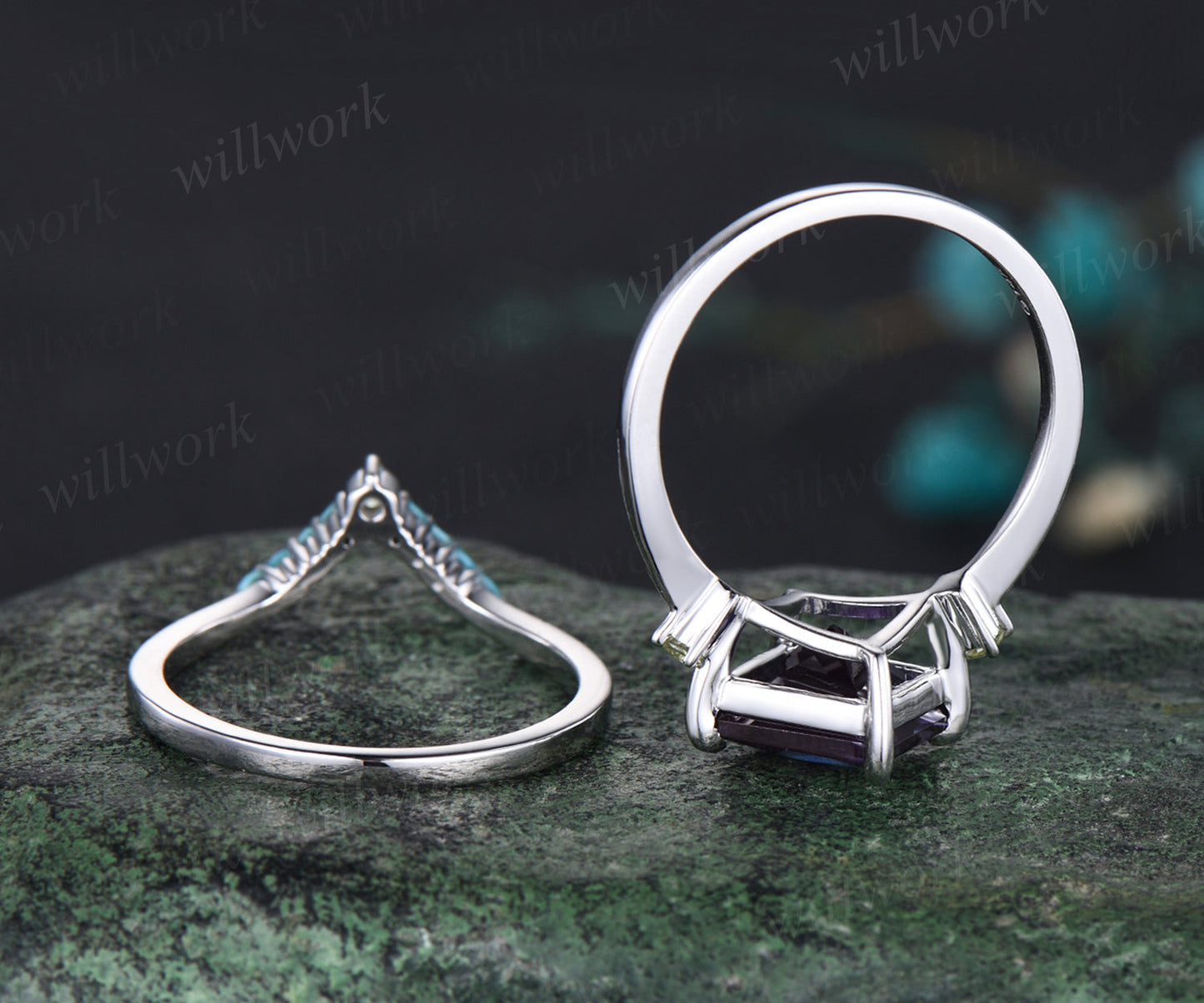 Princess Cut Alexandrite Engagement Ring Set Natural Peridot Turquoise Curved V Shaped Wedding Band June Birthstone Three Stone 2pcs Bridal Ring Set