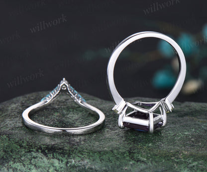 Princess Cut Alexandrite Engagement Ring Set Natural Peridot Turquoise Curved V Shaped Wedding Band June Birthstone Three Stone 2pcs Bridal Ring Set