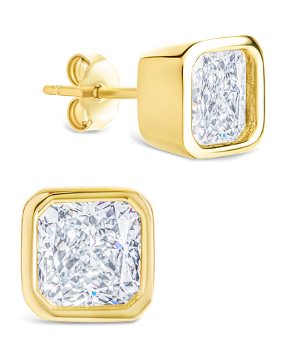 Sterling Silver Asscher Cut Bezel Set Stud Earrings Gold