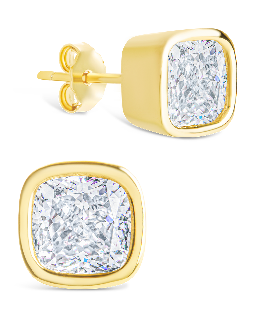 Sterling Silver Cushion Cut Bezel Set Stud Earrings Gold