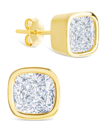 Sterling Silver Cushion Cut Bezel Set Stud Earrings Gold