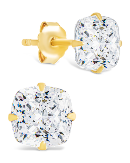 Sterling Silver Cushion Cut Prong Set Stud Earrings Gold