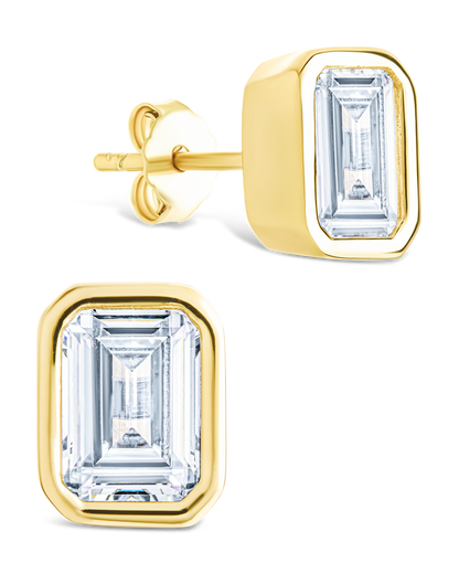 Sterling Silver Emerald Cut Bezel Set Stud Earrings Gold