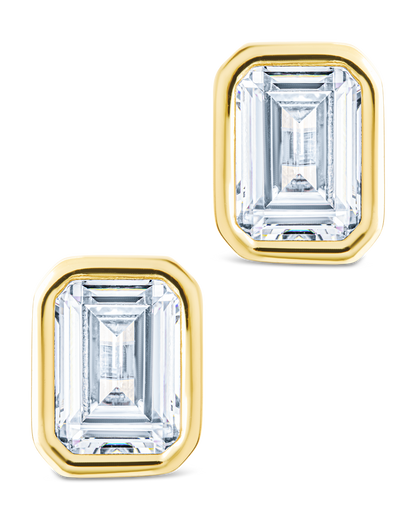 Sterling Silver Emerald Cut Bezel Set Stud Earrings