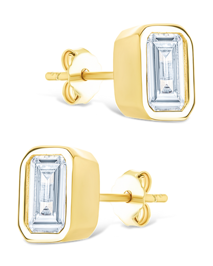 Sterling Silver Emerald Cut Bezel Set Stud Earrings