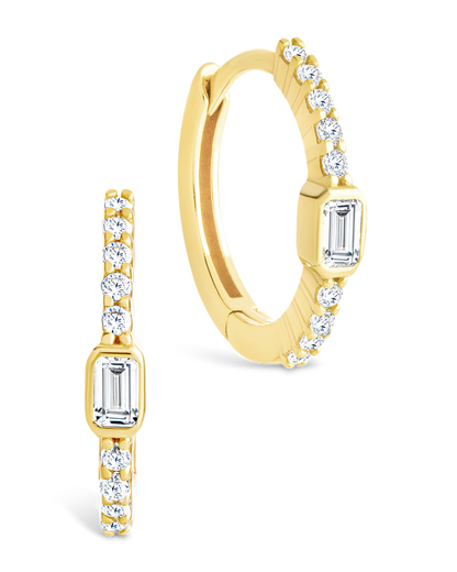 Sterling Silver Emerald Cut Bezel Set Huggie Hoop Earrings Gold