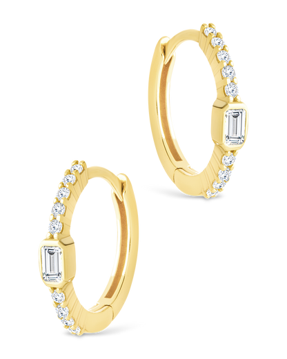 Sterling Silver Emerald Cut Bezel Set Huggie Hoop Earrings