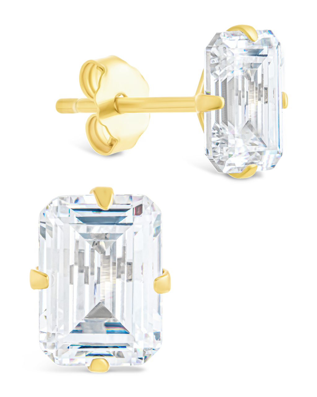 Sterling Silver Emerald Cut Prong Set Stud Earrings Gold