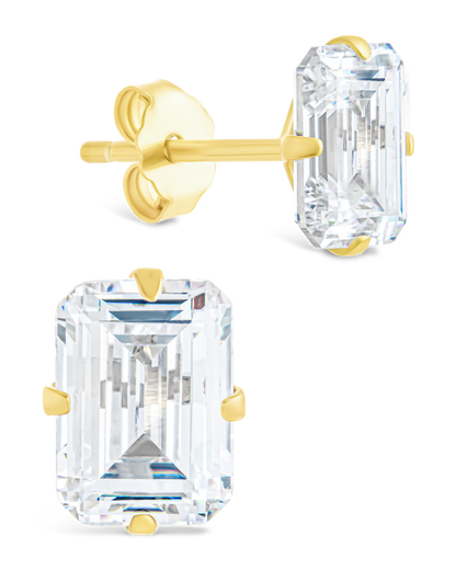 Sterling Silver Emerald Cut Prong Set Stud Earrings Gold