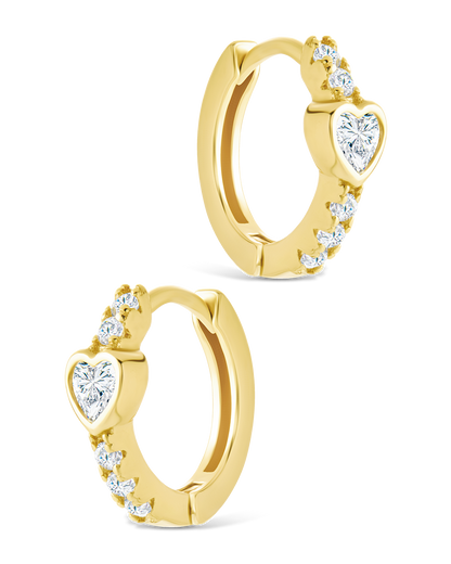 Sterling Silver Heart Cut Bezel Set Huggie Hoop Earrings