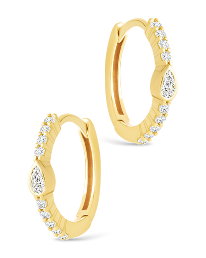 Sterling Silver Pear Cut Bezel Set Huggie Hoop Earrings