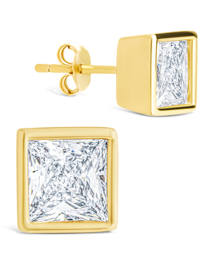Sterling Silver Princess Cut Bezel Set Stud Earrings Gold