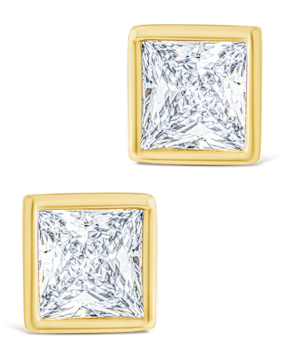 Sterling Silver Princess Cut Bezel Set Stud Earrings