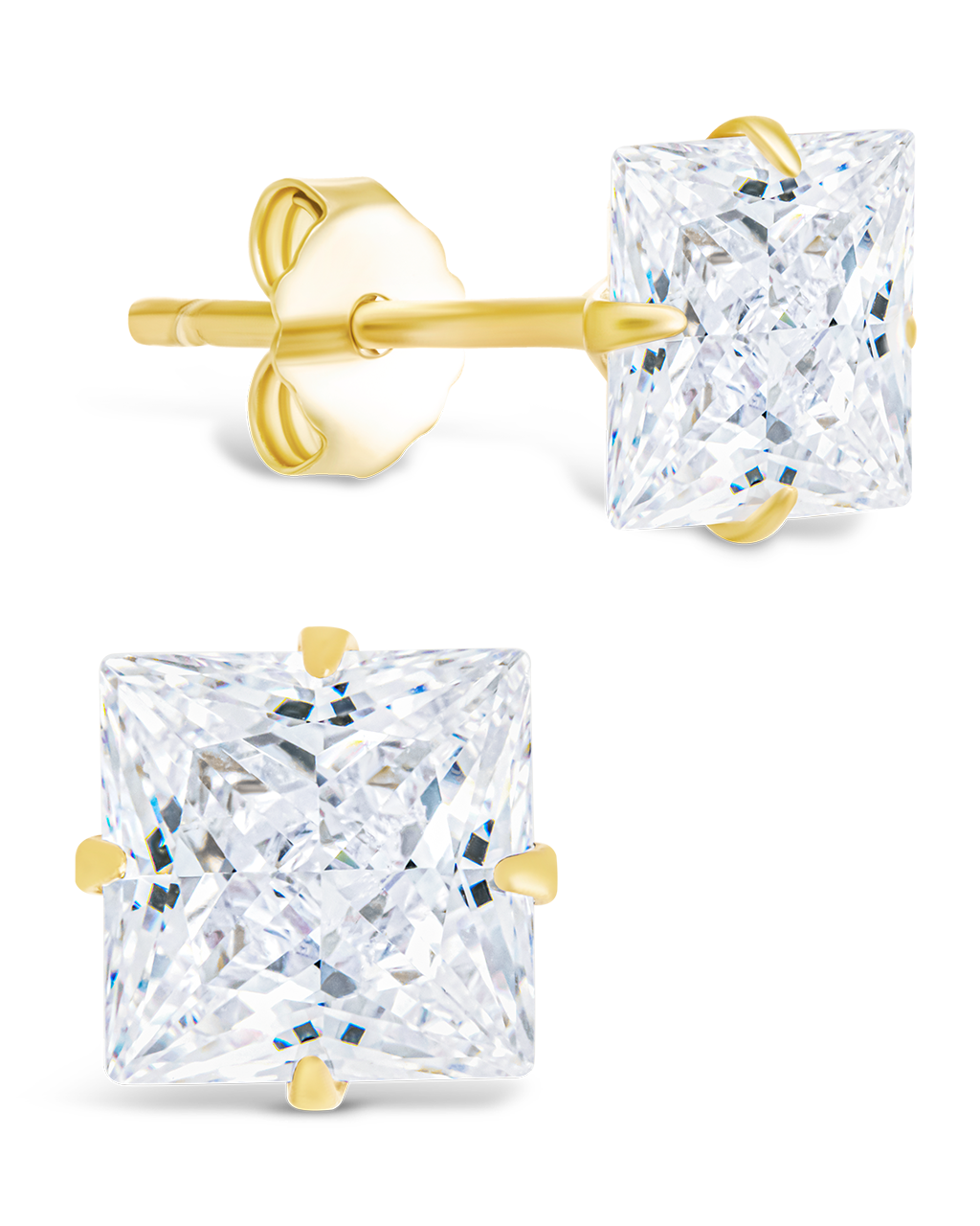 Sterling Silver Princess Cut Prong Set Stud Earrings Gold