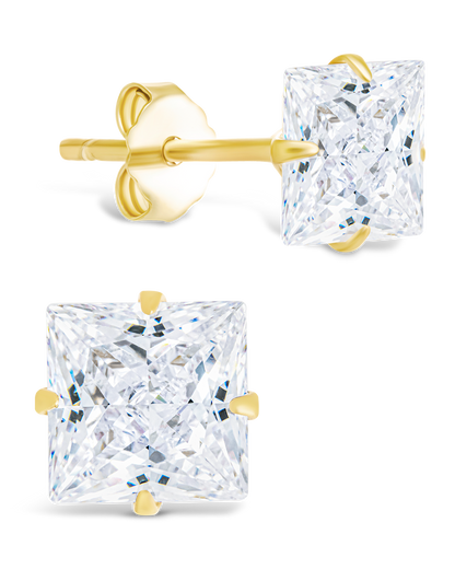 Sterling Silver Princess Cut Prong Set Stud Earrings Gold