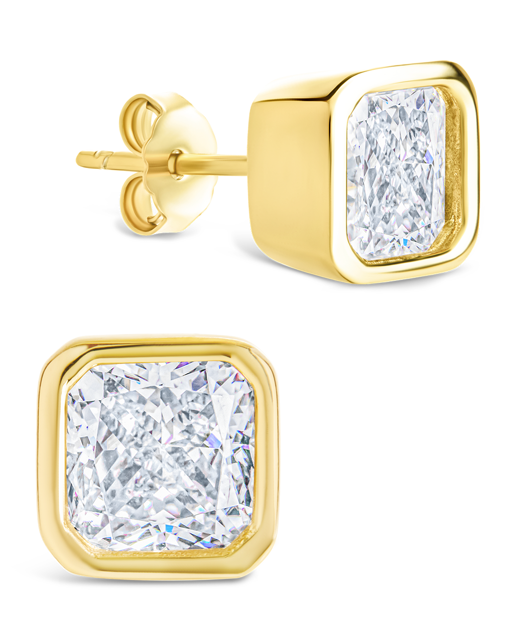 Sterling Silver Radiant Cut Bezel Set Stud Earrings Gold
