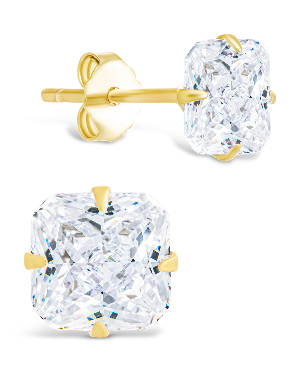 Sterling Silver Radiant Cut Prong Set Stud Earrings Gold
