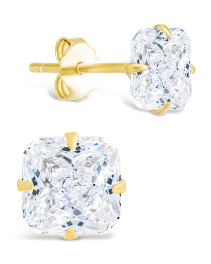 Sterling Silver Radiant Cut Prong Set Stud Earrings Gold