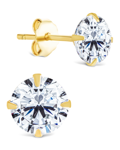 Sterling Silver Round Cut Prong Set Stud Earrings Gold