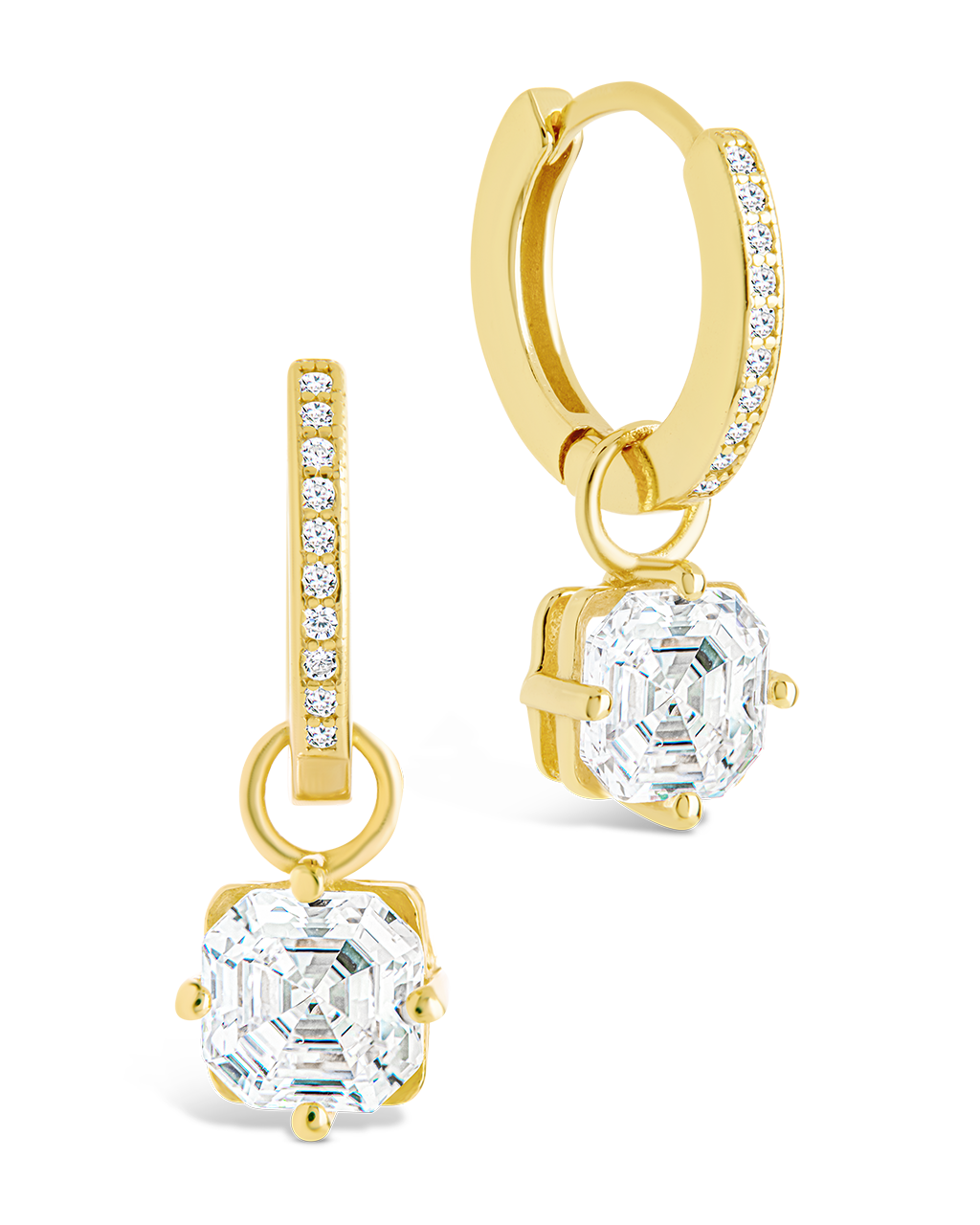Sterling Silver Augusta Asscher Cut CZ Dangle Micro Hoops Gold