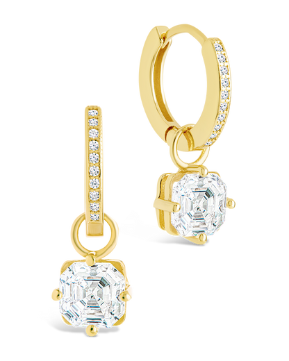 Sterling Silver Augusta Asscher Cut CZ Dangle Micro Hoops Gold
