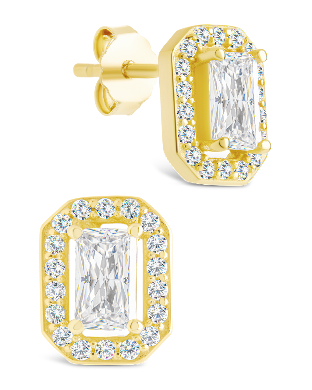 Sterling Silver Emerald Cut Brilliant Halo Studs Gold